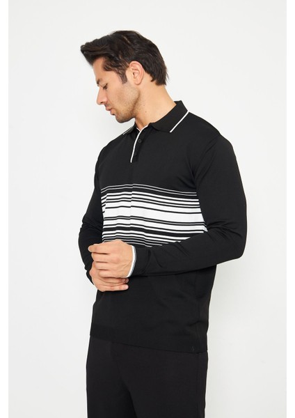 Erkek Göğüs Çizgili Örme Kazak Şık ve Rahat Günlük Kullanıma Uygun Düğmeli Polo Yaka Kısa Kol Kazak indirimleri