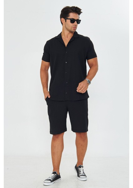 Erkek Keten Apaş Yaka Kısa Kol Gömlek - Şort Takım fırsatları