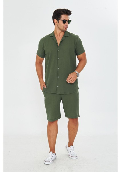 Erkek Keten Apaş Yaka Kısa Kol Gömlek - Şort Takım