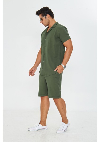 Erkek Keten Apaş Yaka Kısa Kol Gömlek - Şort Takım fiyatları