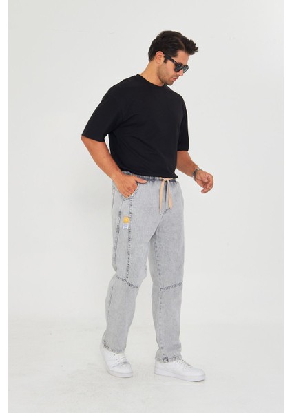 Erkek Parçalı Desen Yan Etiketli Baggy Kot Pantolon 721
