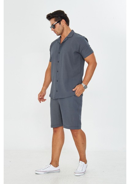 Erkek Keten Apaş Yaka Kısa Kol Gömlek - Şort Takım