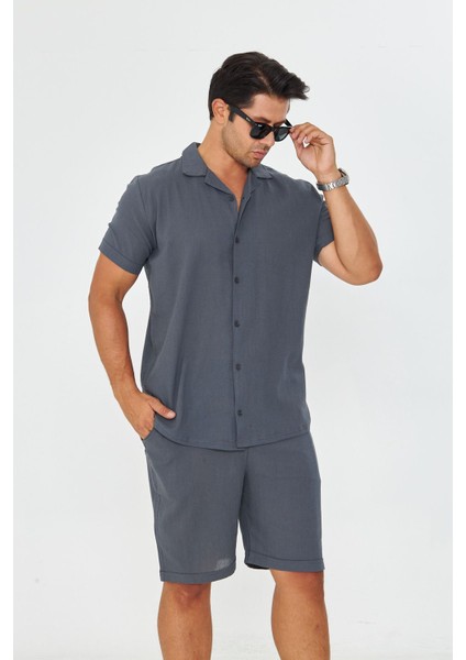 Erkek Keten Apaş Yaka Kısa Kol Gömlek - Şort Takım indirimleri