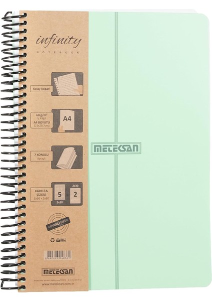 Pastel Serisi, A4, 7 Konulu (5 Kareli, 2 Çizgili) 210 Yaprak Pp Kapaklı Spiralli Defter, Yeşil fiyatları