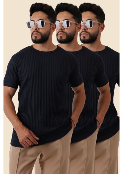 3'lü Erkek Fitilli Zinox Kumaş Kazak – Yumuşak Dokulu Kısa Kol Basic Kazak