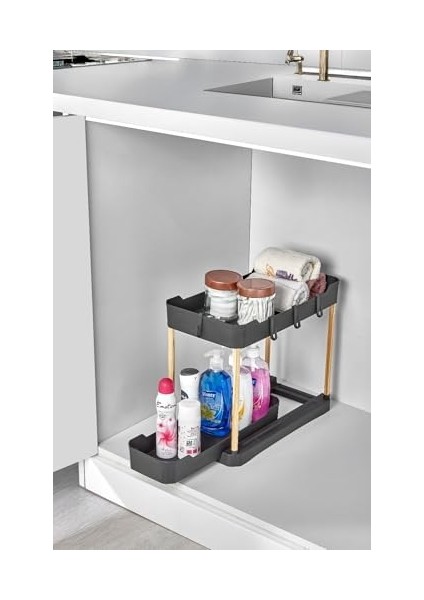 Sev Plastik Iki Katlı Dolap Içi/tezgah Üstü Fonksiyonel Organizatör Ahşap Ayaklı Siyah