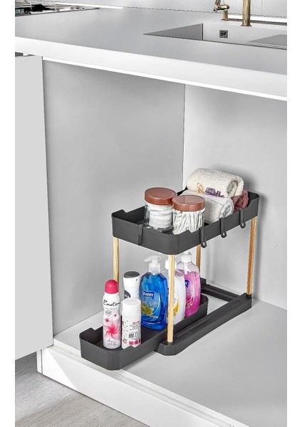 Sev Plastik Iki Katlı Dolap Içi/tezgah Üstü Fonksiyonel Organizatör Ahşap Ayaklı Siyah modelleri