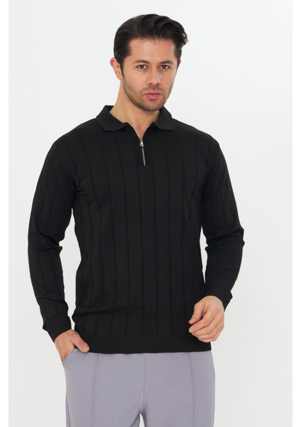 Erkek Polo Yaka Uzun Kol Yarım Fermuarlı Klasik Düz Günlük Kullanıma Uygun Triko