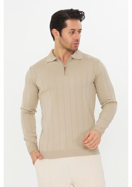 Erkek Polo Yaka Uzun Kol Yarım Fermuarlı Klasik Düz Günlük Kullanıma Uygun Triko