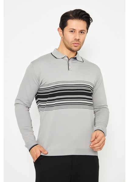Erkek Göğüs Çizgili Örme Kazak Şık ve Rahat Günlük Kullanıma Uygun Düğmeli Polo Yaka Kısa Kol Kazak