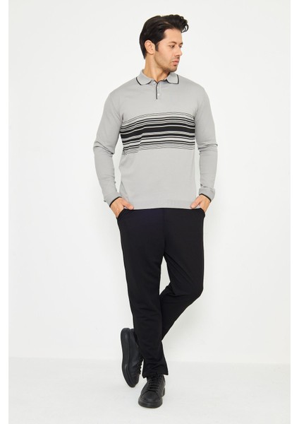 Erkek Göğüs Çizgili Örme Kazak Şık ve Rahat Günlük Kullanıma Uygun Düğmeli Polo Yaka Kısa Kol Kazak modelleri