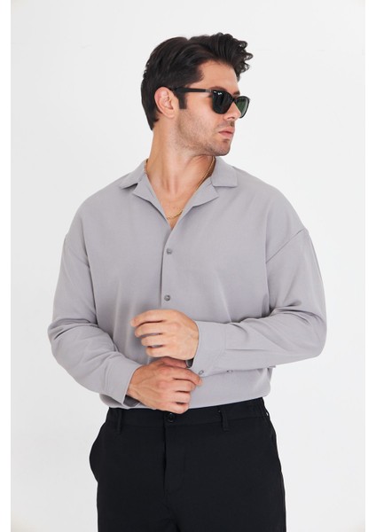 Erkek Uzun Kol Likralı Dabıl Kumaş Apaç Yaka Düşük Omuz Oversize Gömlek modelleri