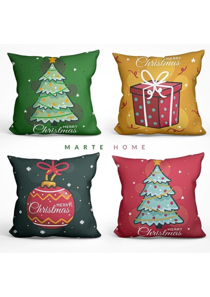 Yılbaşı & Christmas Çift Taraf Desen Baskılı 4'lü Dekoratif Kırlent Kılıfı Seti