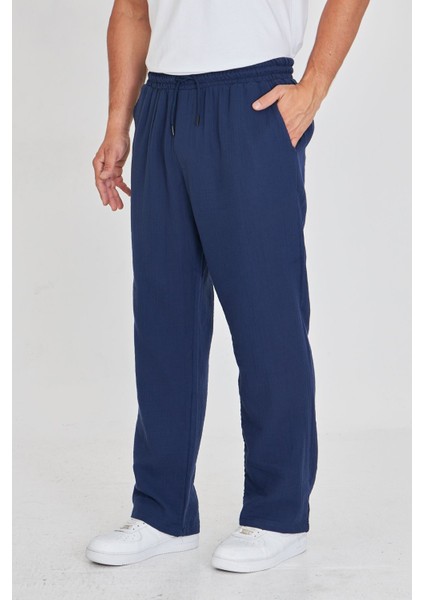 Erkek Baggy Müslin Keten Bel Bağcıklı Lastikli Düz Paça Pantolon