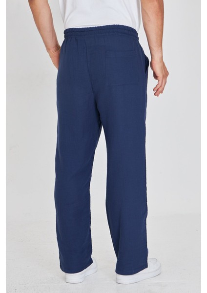 Erkek Baggy Müslin Keten Bel Bağcıklı Lastikli Düz Paça Pantolon fırsatları