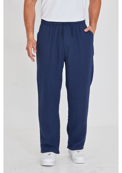 Erkek Baggy Müslin Keten Bel Bağcıklı Lastikli Düz Paça Pantolon indirimleri