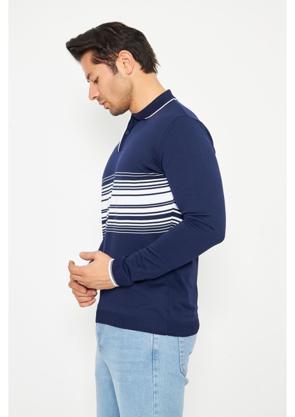 Erkek Göğüs Çizgili Örme Kazak Şık ve Rahat Günlük Kullanıma Uygun Düğmeli Polo Yaka Kısa Kol Kazak