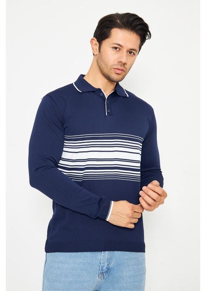 Erkek Göğüs Çizgili Örme Kazak Şık ve Rahat Günlük Kullanıma Uygun Düğmeli Polo Yaka Kısa Kol Kazak fiyatları