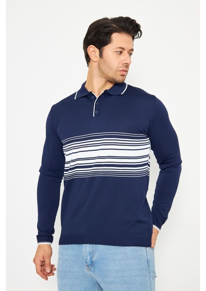 Erkek Göğüs Çizgili Örme Kazak Şık ve Rahat Günlük Kullanıma Uygun Düğmeli Polo Yaka Kısa Kol Kazak modelleri