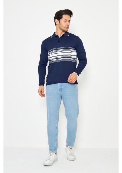 Erkek Göğüs Çizgili Örme Kazak Şık ve Rahat Günlük Kullanıma Uygun Düğmeli Polo Yaka Kısa Kol Kazak indirimleri