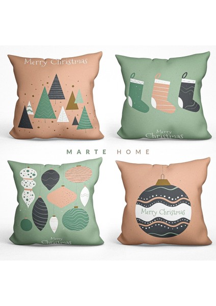 Yılbaşı & Christmas Çift Taraf Desen Baskılı 4'lü Dekoratif Kırlent Kılıfı Seti