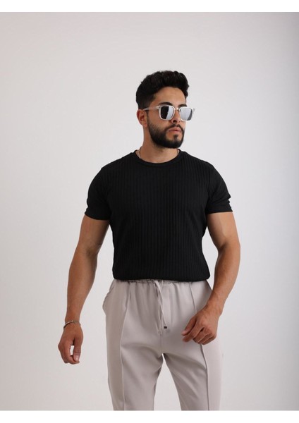 Kumaş Basic Kendinden Desenli T-Shirt