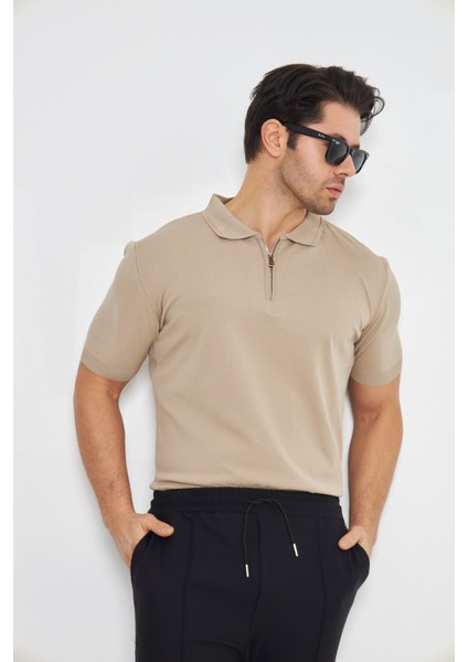 Erkek Yazlık Rahat ve Trend Polo Yaka ve Dikey Fermuarlı Klasik Kısa Kollu Kazak