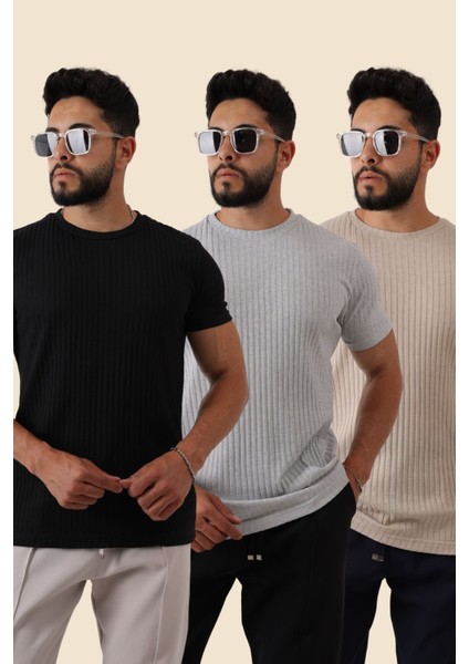 3'lü Erkek Fitilli Zinox Kumaş Kazak – Yumuşak Dokulu Kısa Kol Basic Kazak