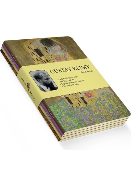 Series - A5, Gustav Klimt 4&apos;lü Defter Seti I, Çizgisiz, Toplam 256 Sayfa, Her Biri 64 Sayfa, Tel Dikiş, Esnek Kapak, Oval Kenar, Tuval Doku, 60 Gram, Sarı Krem Renk