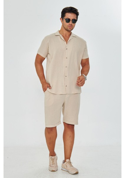 Erkek Keten Apaş Yaka Kısa Kol Gömlek - Şort Takım
