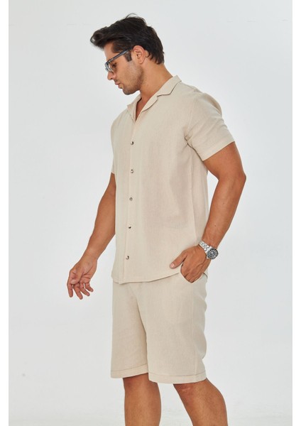 Erkek Keten Apaş Yaka Kısa Kol Gömlek - Şort Takım fiyatları