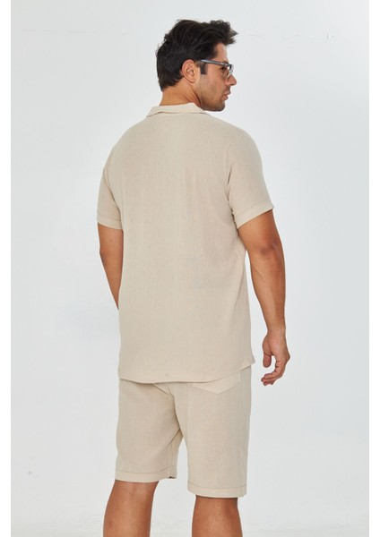 Erkek Keten Apaş Yaka Kısa Kol Gömlek - Şort Takım fırsatları