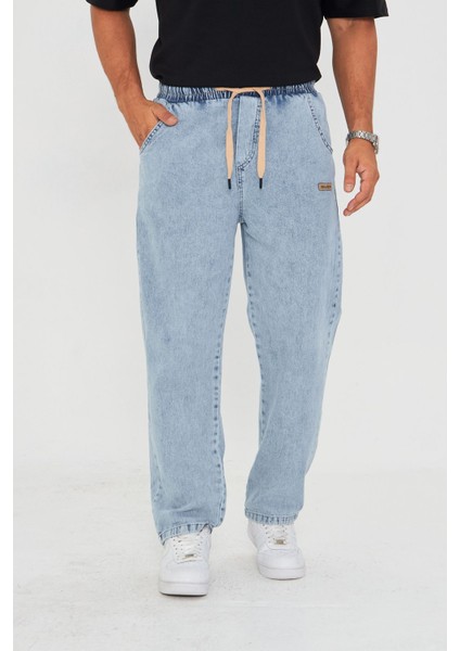 Erkek Baggy Düz Şık Etiket Detaylı Kot Pantolon 713