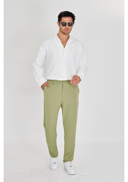 Erkek Bel Yarım Lastikli Kemerli Double Paça Dabıl Face Kumaş Slim Fit Pantolon