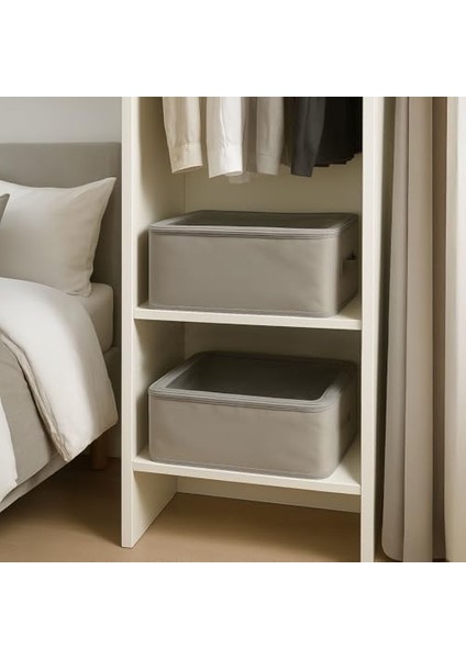 Çok Amaçlı Düzenleyici Kutu - Dik Duruş Sağlayan Telli Iç Yapı ve Şeffaf Pencereli | Kıyafet, Oyuncak, Çamaşır Saklama Organizeri - Katlanabilir Kumaş Kutu (45X30X20 cm - Gri)