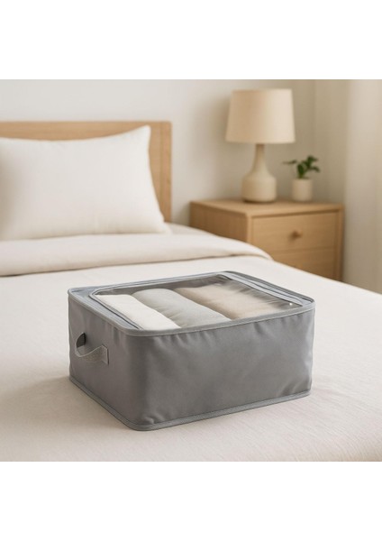 Çok Amaçlı Düzenleyici Kutu - Dik Duruş Sağlayan Telli Iç Yapı ve Şeffaf Pencereli | Kıyafet, Oyuncak, Çamaşır Saklama Organizeri - Katlanabilir Kumaş Kutu (45X30X20 cm - Gri) fiyatları