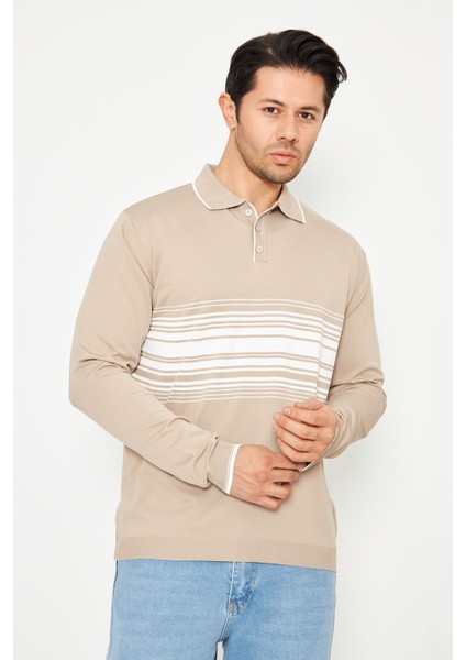 Erkek Göğüs Çizgili Örme Kazak Şık ve Rahat Günlük Kullanıma Uygun Düğmeli Polo Yaka Kısa Kol Kazak