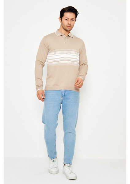 Erkek Göğüs Çizgili Örme Kazak Şık ve Rahat Günlük Kullanıma Uygun Düğmeli Polo Yaka Kısa Kol Kazak modelleri