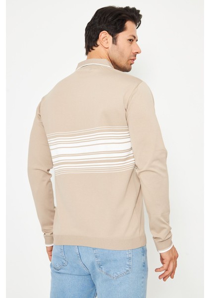 Erkek Göğüs Çizgili Örme Kazak Şık ve Rahat Günlük Kullanıma Uygun Düğmeli Polo Yaka Kısa Kol Kazak fırsatları