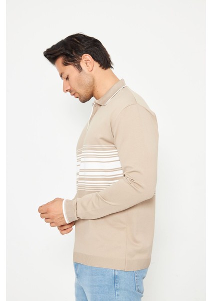 Erkek Göğüs Çizgili Örme Kazak Şık ve Rahat Günlük Kullanıma Uygun Düğmeli Polo Yaka Kısa Kol Kazak indirimleri