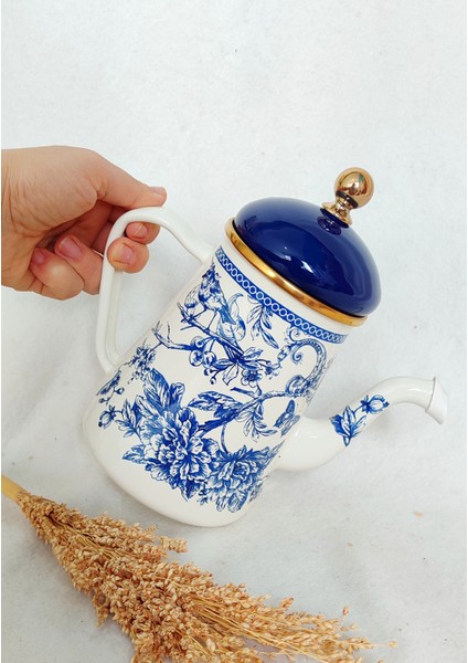 Blue Blanc Emaye Ibrik Dekoratif Kahve Demliği Yağdanlık