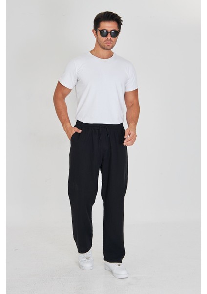 Erkek Baggy Müslin Keten Bel Bağcıklı Lastikli Düz Paça Pantolon modelleri