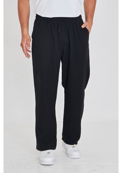 Erkek Baggy Müslin Keten Bel Bağcıklı Lastikli Düz Paça Pantolon indirimleri