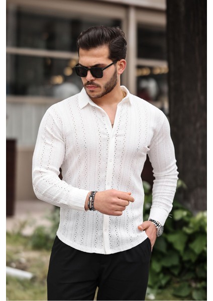 Erkek Uzun Kol Çapraz Delikli Özel Tasarım Desen Örme Kumaş Regular Kalıp Gömlek