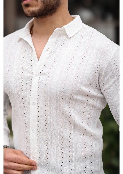 Erkek Uzun Kol Çapraz Delikli Özel Tasarım Desen Örme Kumaş Regular Kalıp Gömlek fiyatları