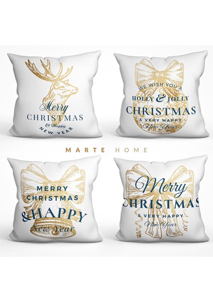 Yılbaşı & Christmas Çift Taraf Desen Baskılı 4'lü Dekoratif Kırlent Kılıfı Seti