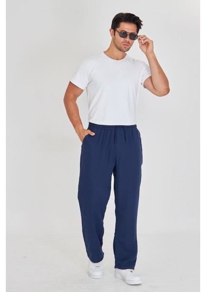 Erkek Baggy Müslin Keten Bel Bağcıklı Lastikli Düz Paça Pantolon modelleri