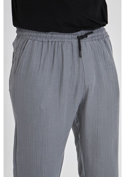 Erkek Baggy Müslin Keten Bel Bağcıklı Lastikli Düz Paça Pantolon fiyatları
