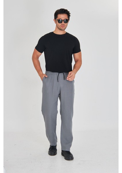 Erkek Baggy Müslin Keten Bel Bağcıklı Lastikli Düz Paça Pantolon modelleri