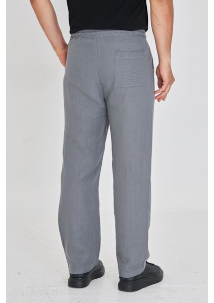 Erkek Baggy Müslin Keten Bel Bağcıklı Lastikli Düz Paça Pantolon fırsatları